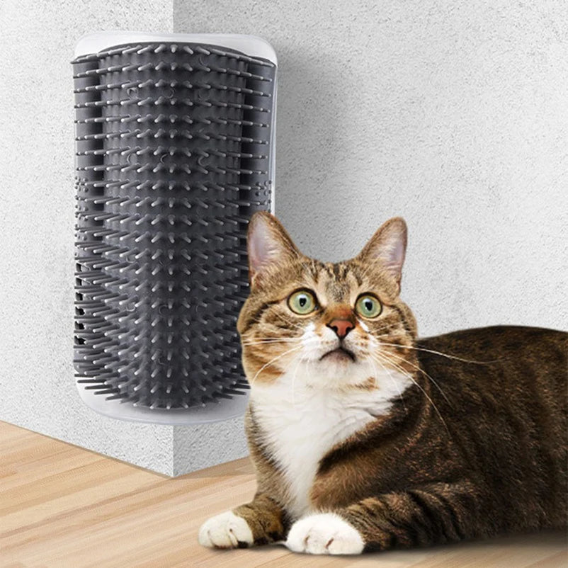 Self-grooming wall brush for cats - cat using corner scrubber